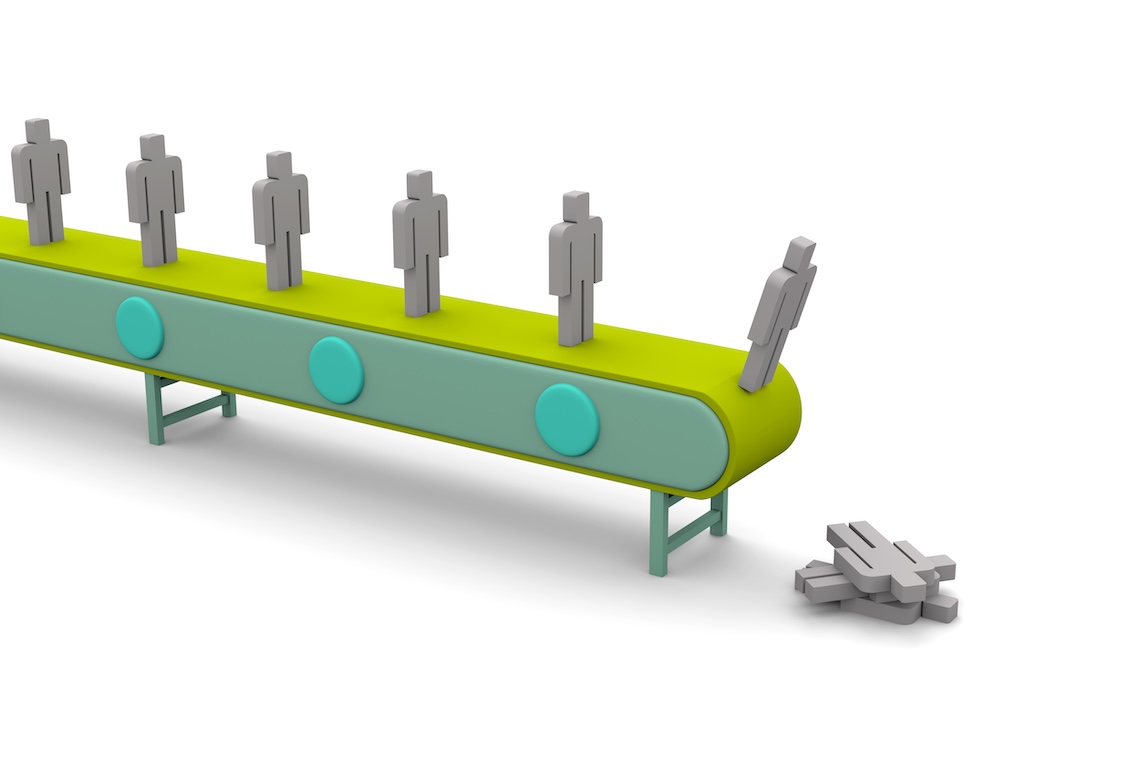 Illustration of an assembly line with grey human-shaped figures standing on it and two figures fallen to the ground where they've rolled off the assembly line to the floor